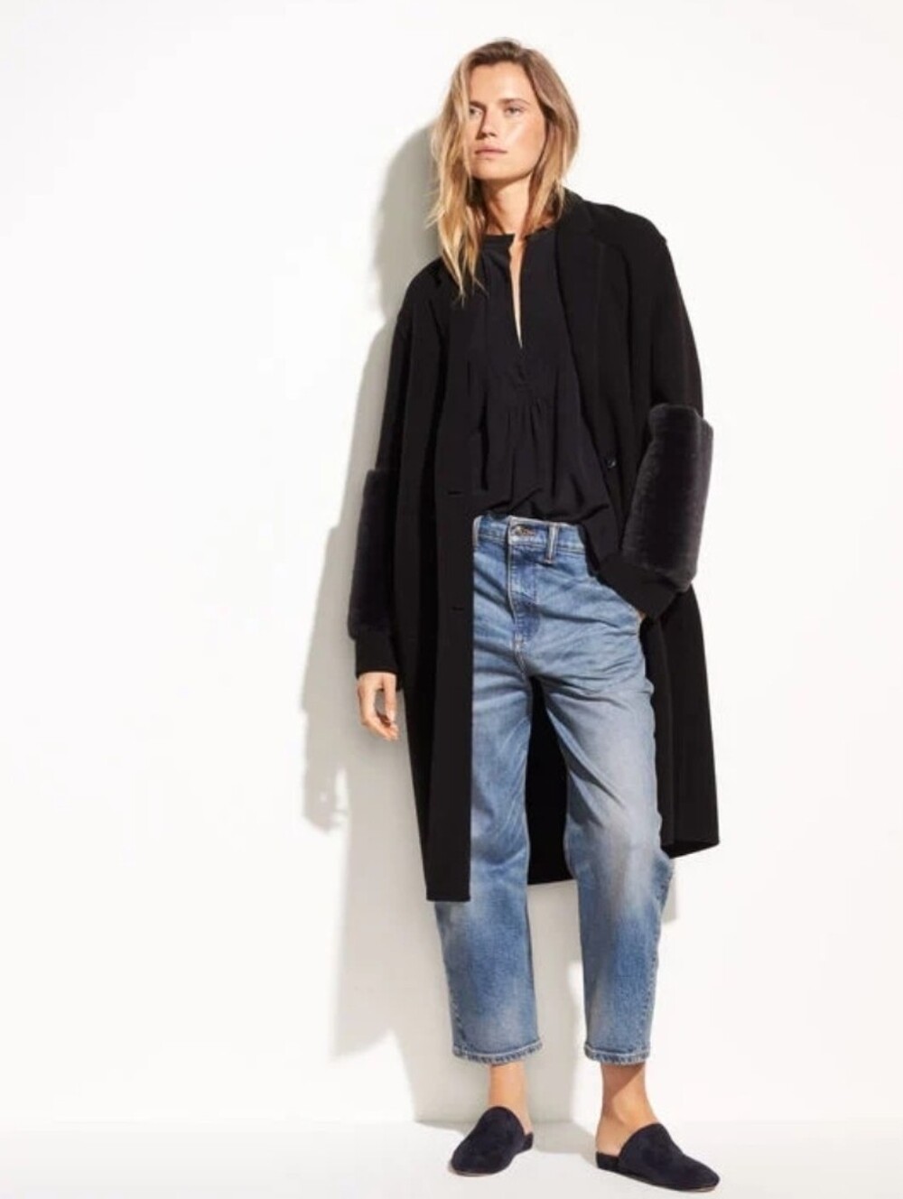Vince Black Oversized Long Coat With Shearling Banded Sleeves